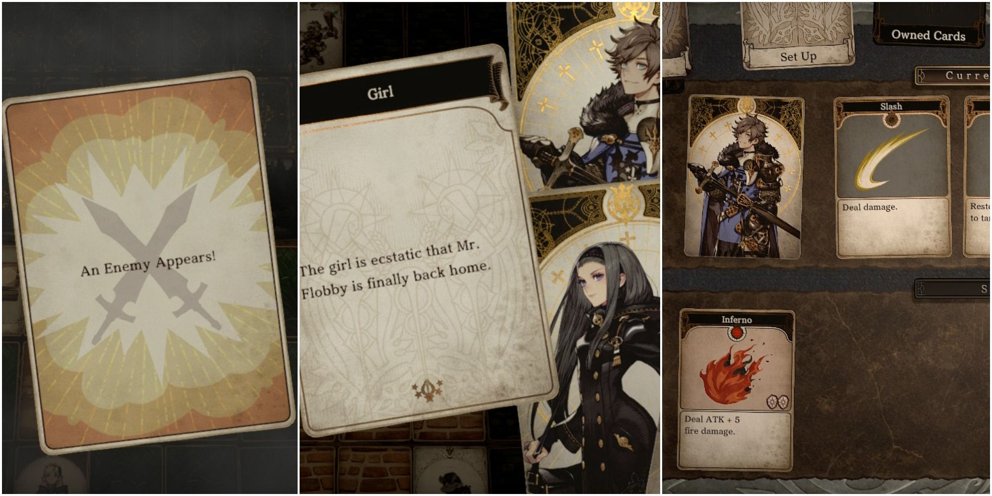 a card introducing battle; a conversation card with a woman and man next to it; a young man next to several attack cards