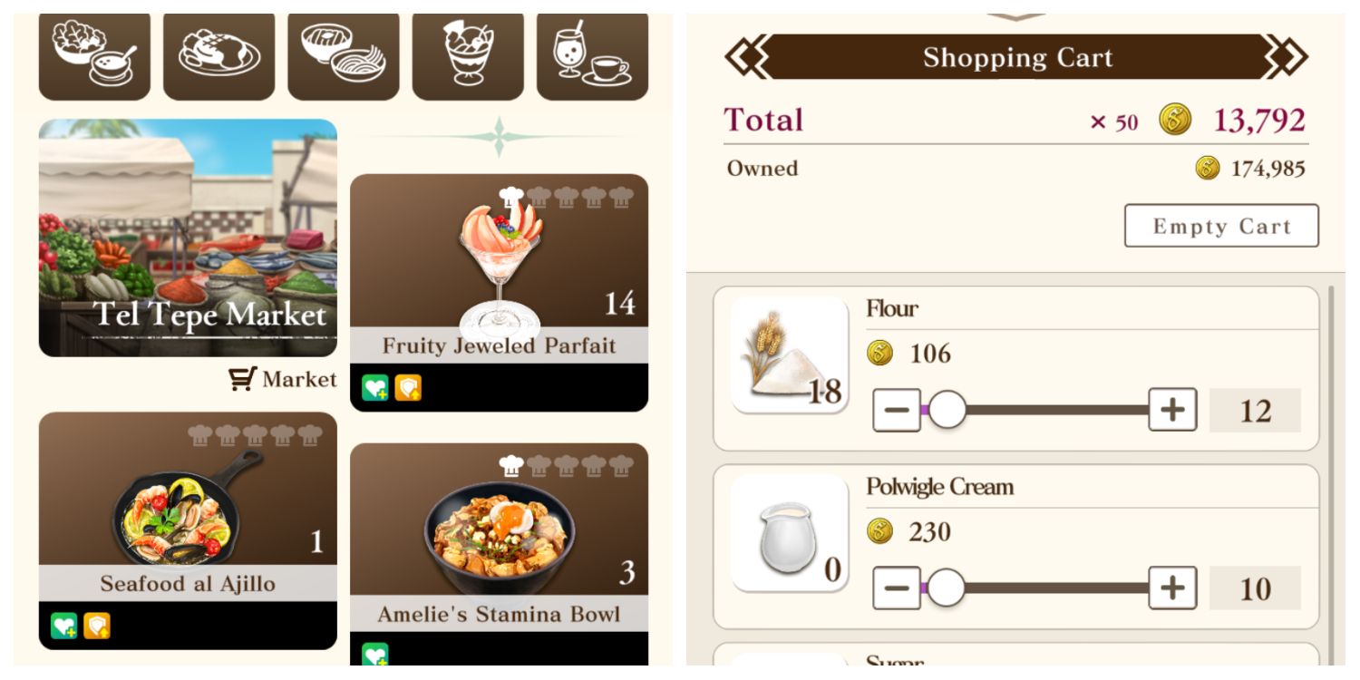 a list of recipes and images of each one above it; a shopping cart screen that has the total amount at the top and each ingredient and quantity below 
