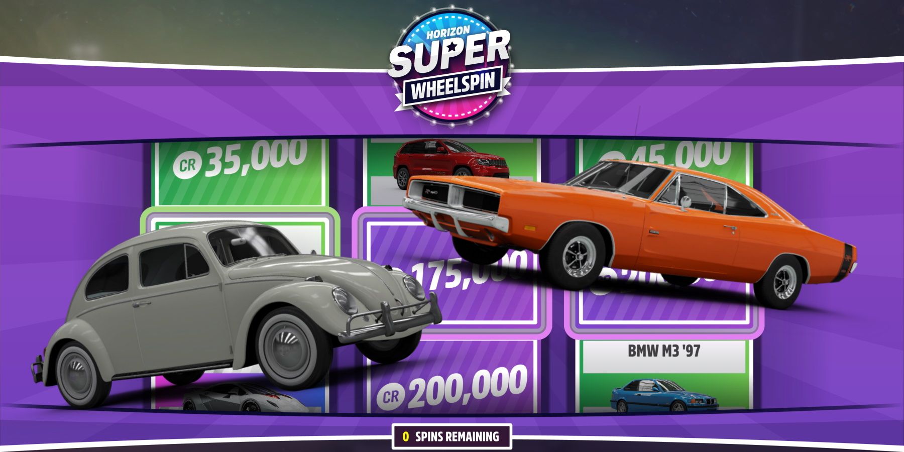 Forza Horizon 5 super wheelspin background with a beetle and dodge charger