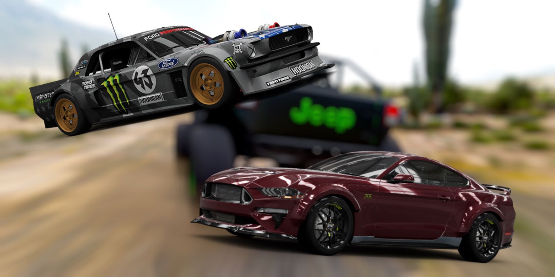 Forza Horizon 5 hoonicorn and ford mustang rtr spec 5 on a blurred background of Trailcat Jeep drifting