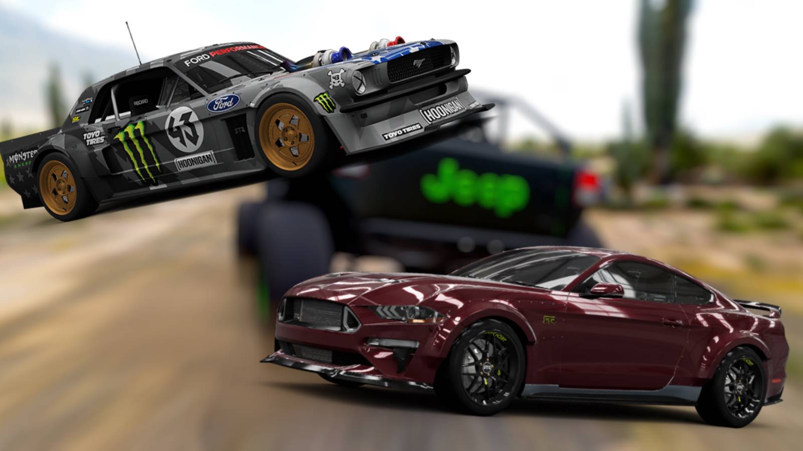 Forza Horizon 5 hoonicorn and ford mustang rtr spec 5 on a blurred background of Trailcat Jeep drifting