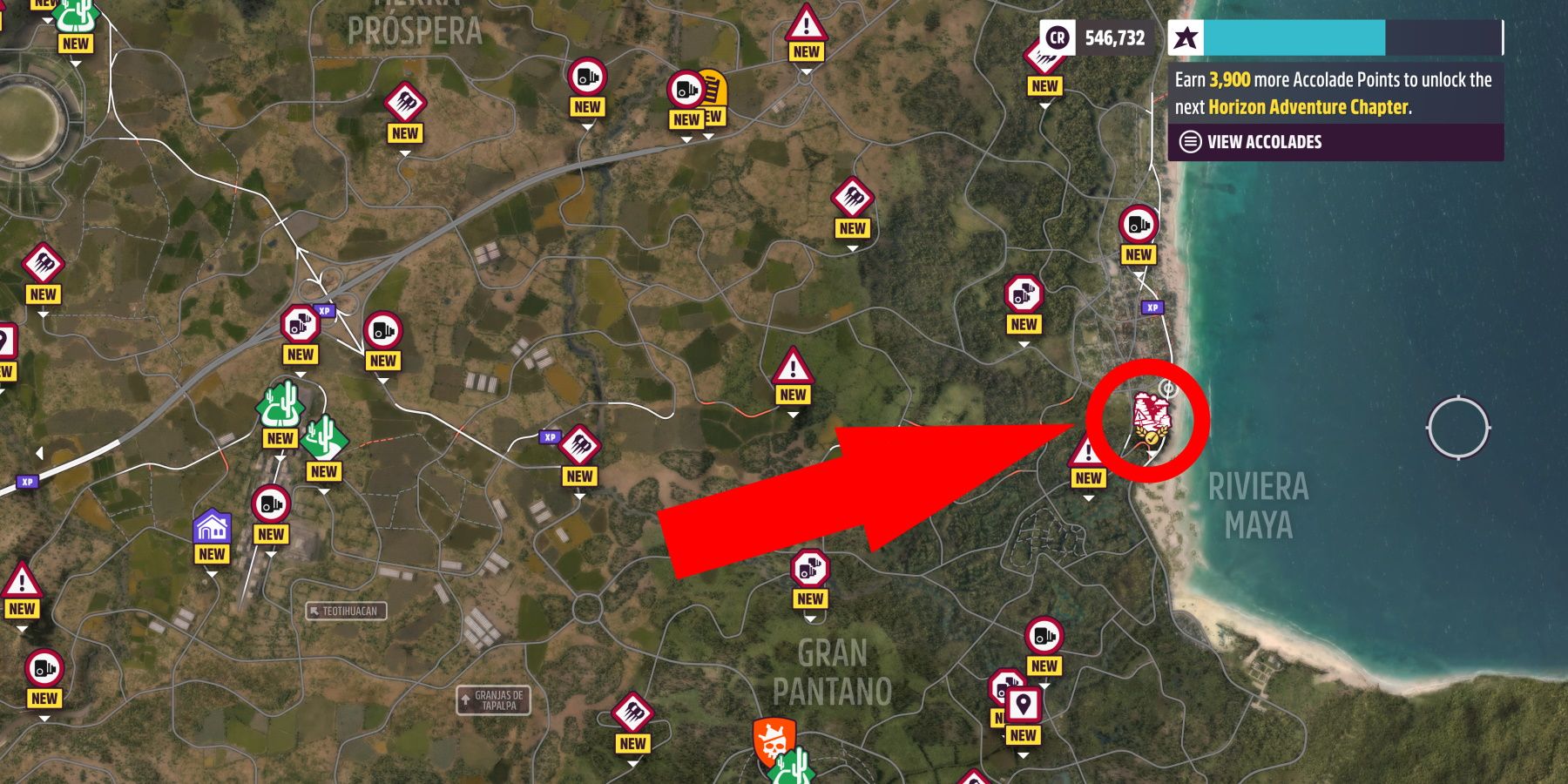 Forza Horizon 5 Canyon Expedition Location on map circled and arrow pointing at it