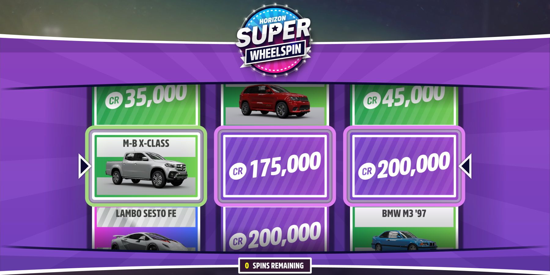 Forza Horizon 5 Super Wheelspin winning credits and car