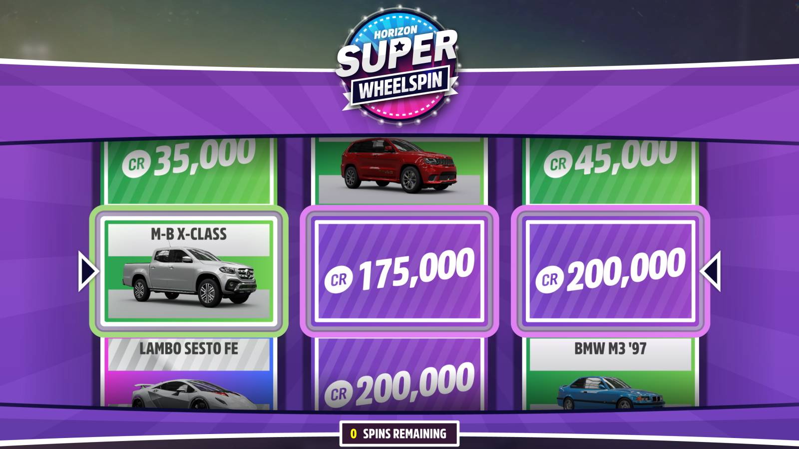 Forza Horizon 5 Super Wheelspin winning credits and car