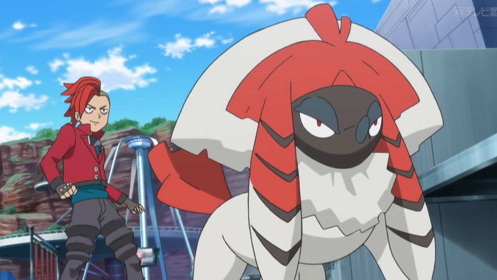 Everett and his Kabuki Trim Furfrou preparing to battle with Ash in the Pokemon anime
