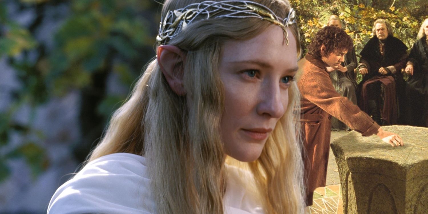 Galadriel standing as Frodo sets down the ring at the Council of Elrond