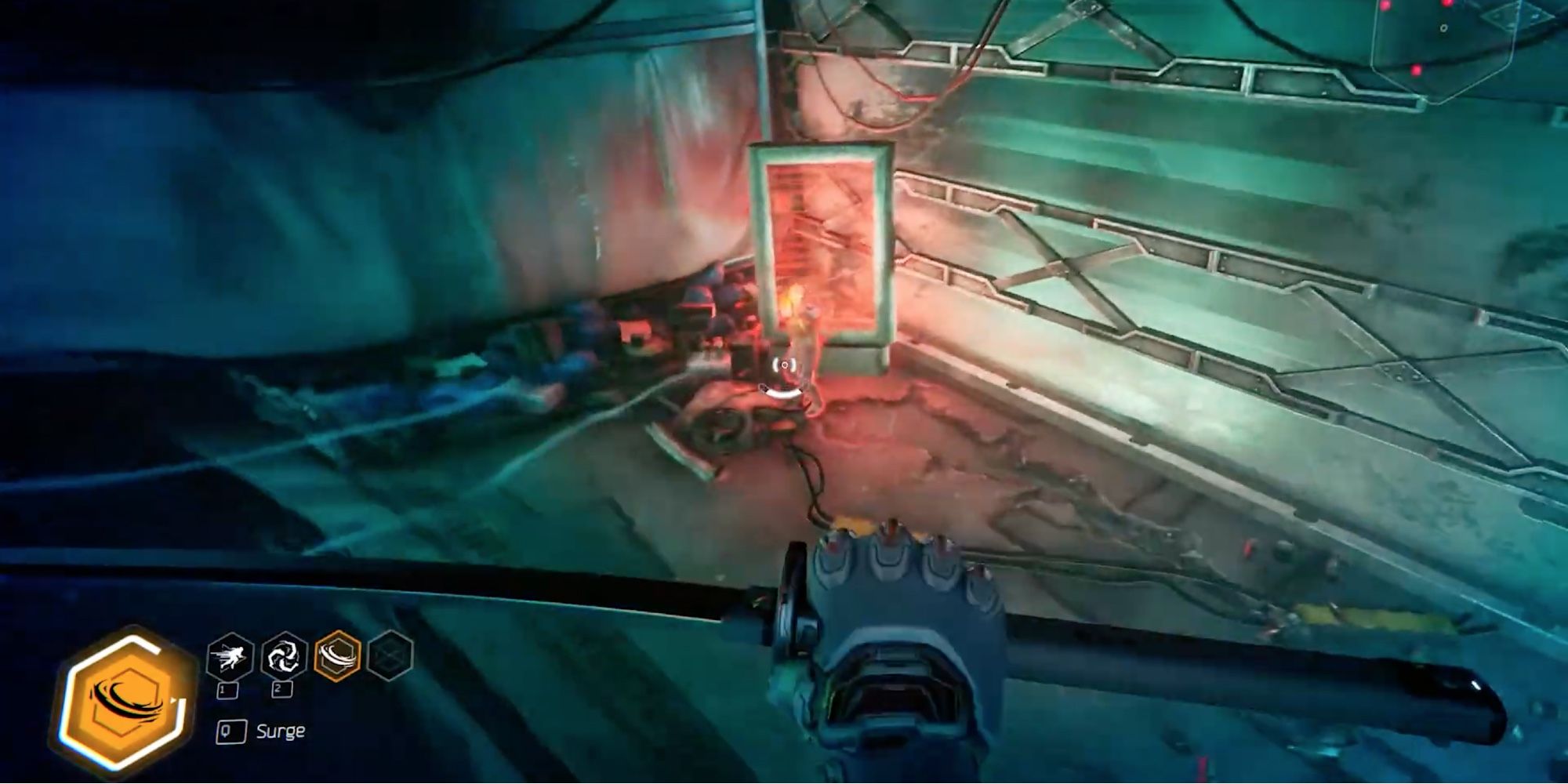 Ghostrunner — Ghostrunner использует тактическое наложение, чтобы обнаружить врага, скрывающегося в углу.