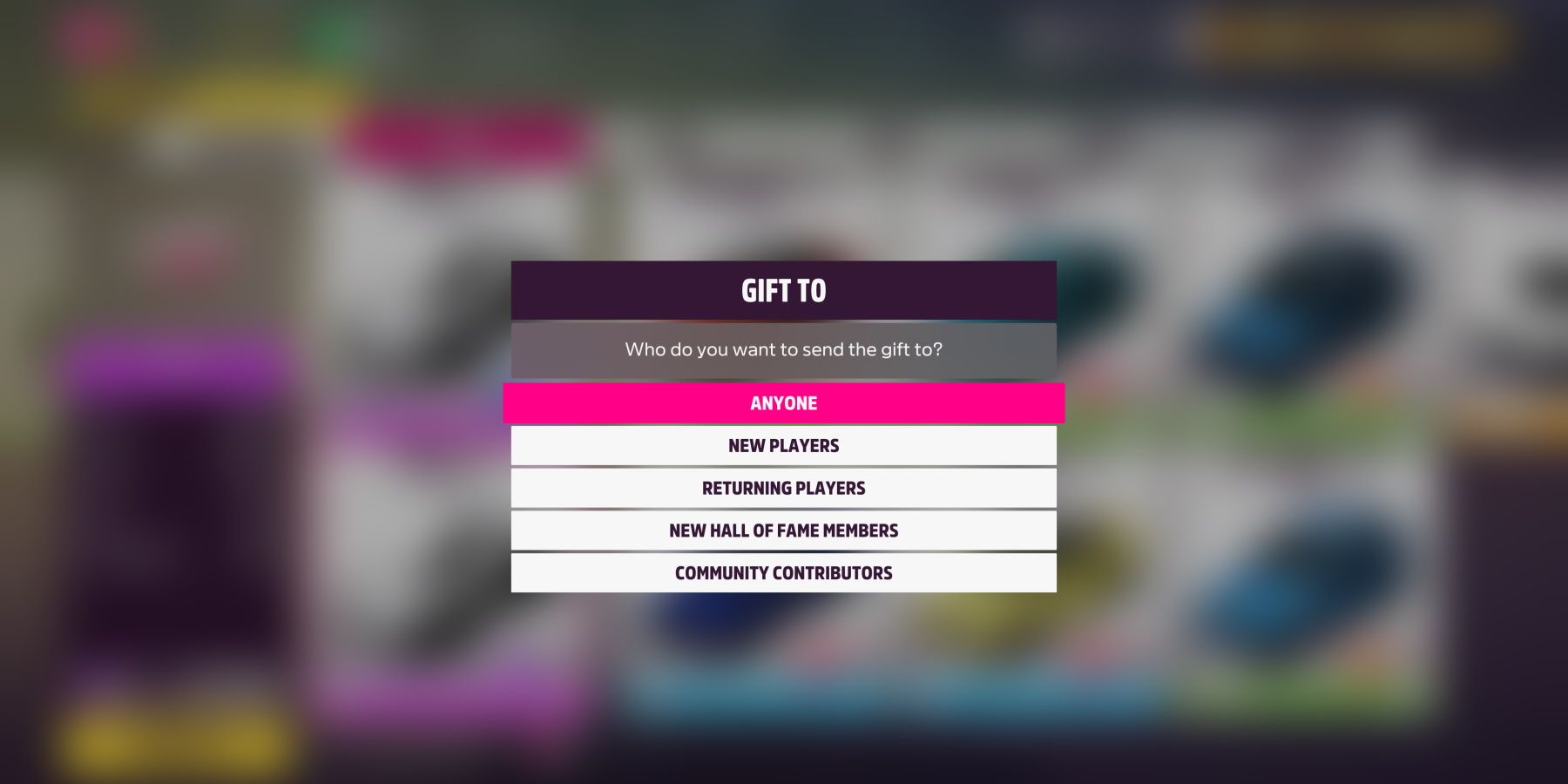 Forza Horizon 5 option to gift to anyone, new players, returning players, new hall of fame members, or community creators