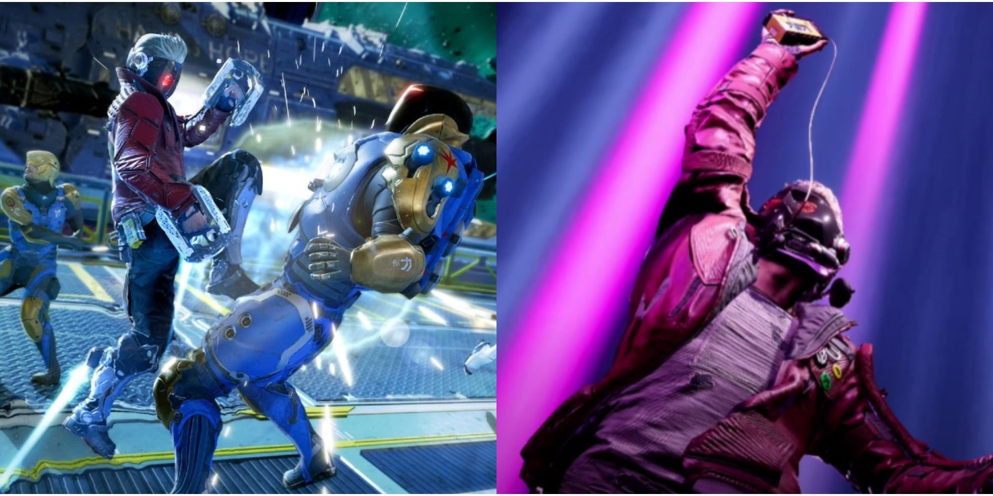 Guadians in Battle and Star Lord switching on the music after a Huddle