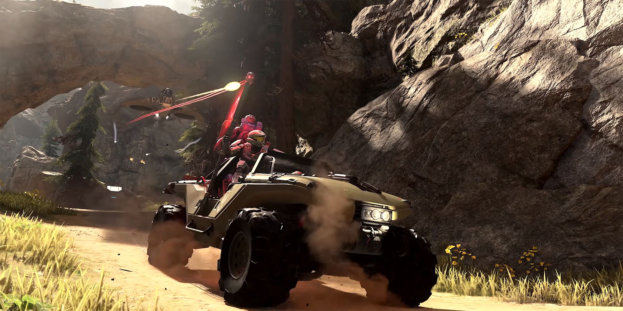 Halo Infinite - A Warthog Carrying A Spartan With The Flag Driving Back To Their Base