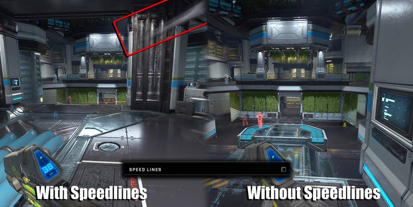 Halo Infinite - Comparing How Running Looks With And Without Speedlines With Speedlines Option Menu Overlaid On Top