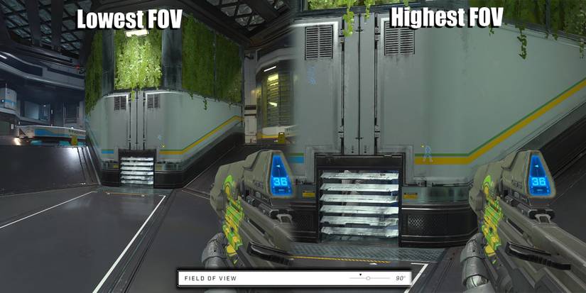 Halo Infinite - Comparing The Lowest Possible FOV To The Highest With Field Of View Settings Menu Overlaid On Top
