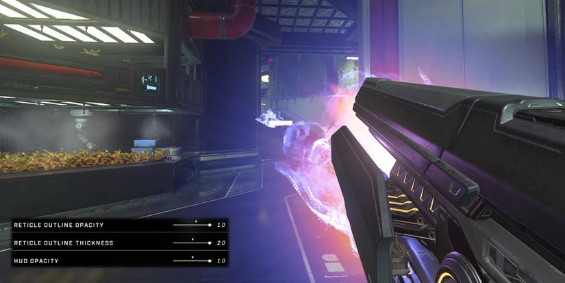 Halo Infinite - Firing A Gun With No Reticle Or Hud With Reticle And Hud Transparency Settings Menu Overlaid On Top