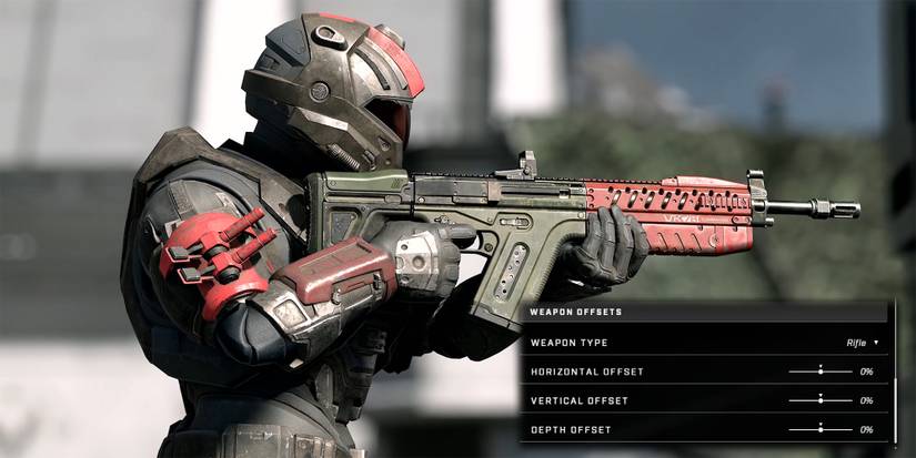 Halo Infinite - Image Of Spartan Holding Gun Up To Chest From Side Angle With Weapon Offsets Settings Menu Overlaid On Top