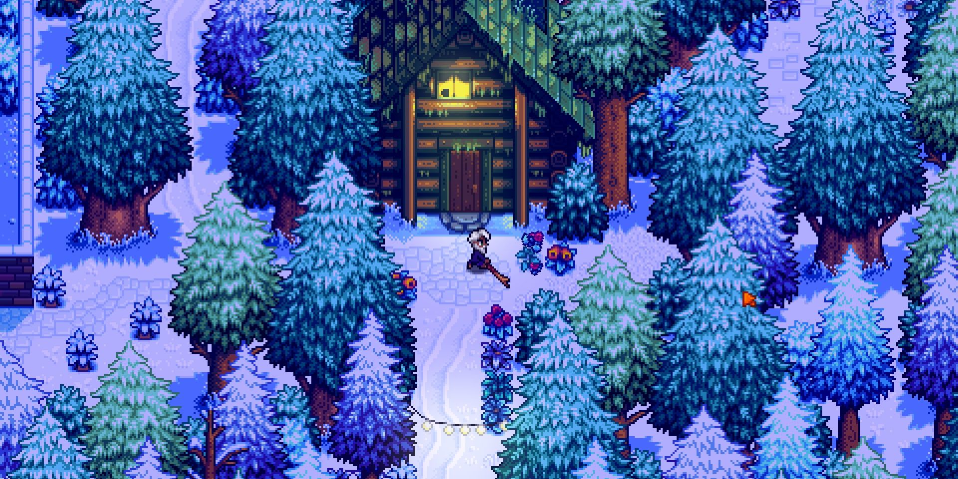 A player outside a wintery cabin in Haunted Chocolatier