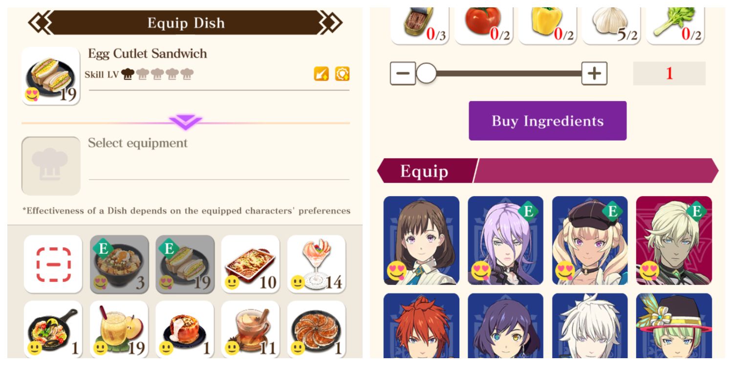 an equipment screen with various food items; an ingredients purchase screen with character faces and emojis indicating how much they like that dish