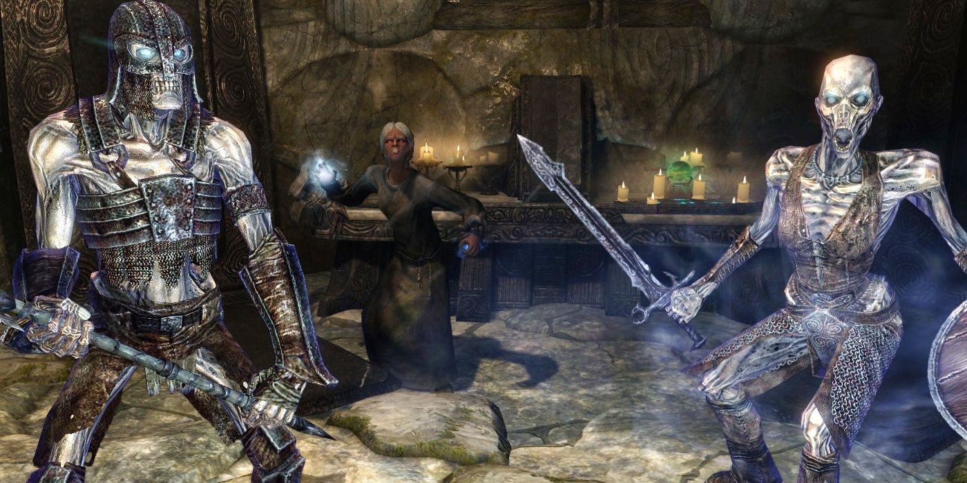 Holgeir and Fjori in Draugr form with Lu'ah in the background in Skyrim