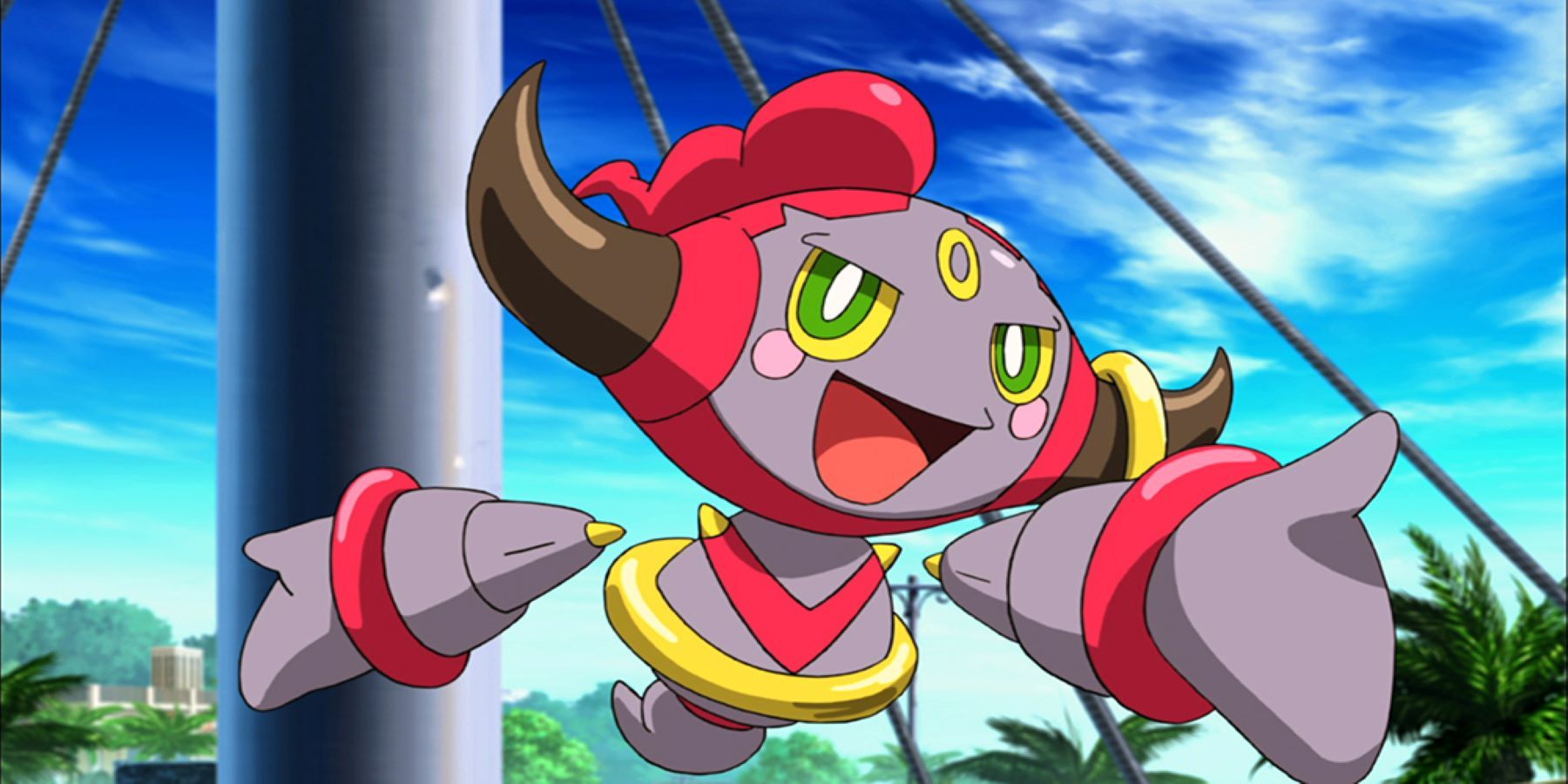 Hoopa Confined smiling and striking a pose in front of a tropical forest in a Pokemon movie