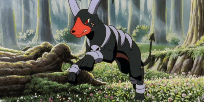 Pokemon Houndoom jumping in the forest