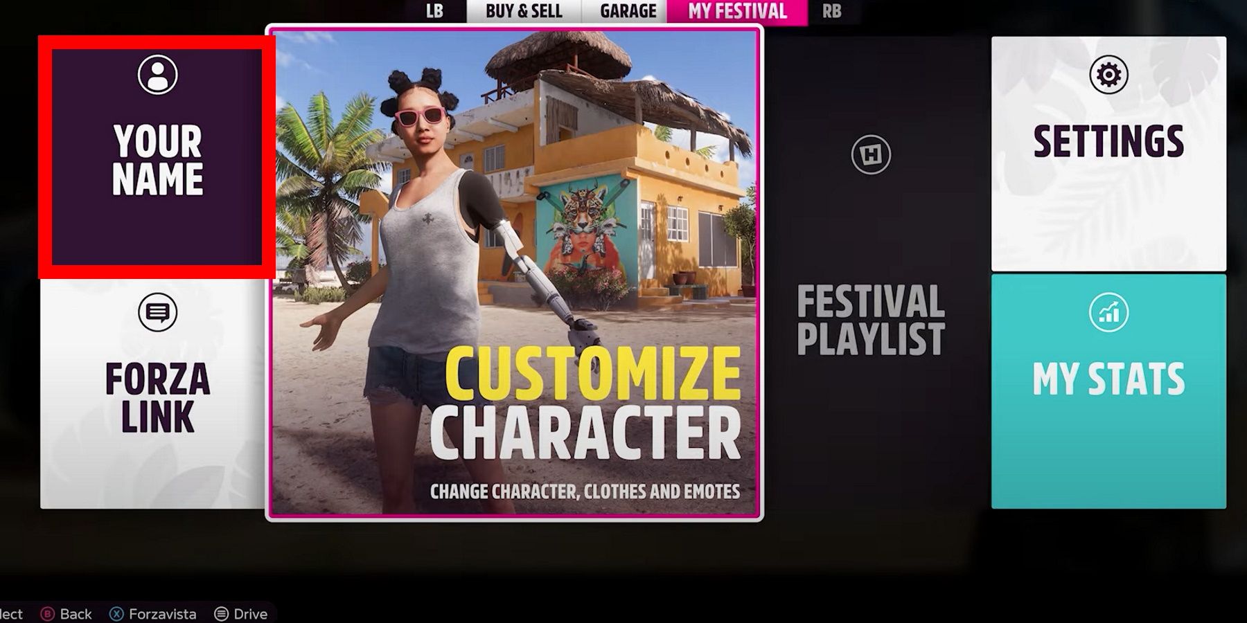 Forza Horizon 5 my festival menu tab with "your name" highlighted