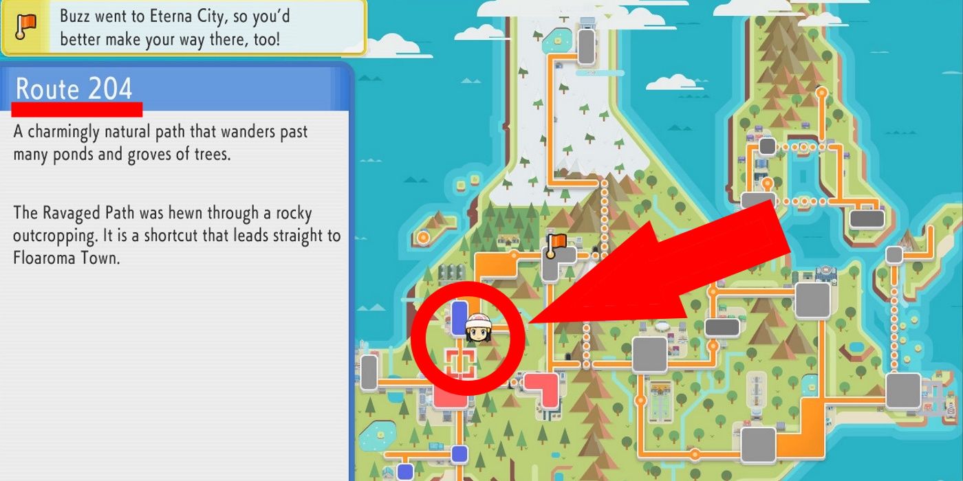 Pokemon Brilliant Diamond and Shining Pearl town map with route 204 highlighted