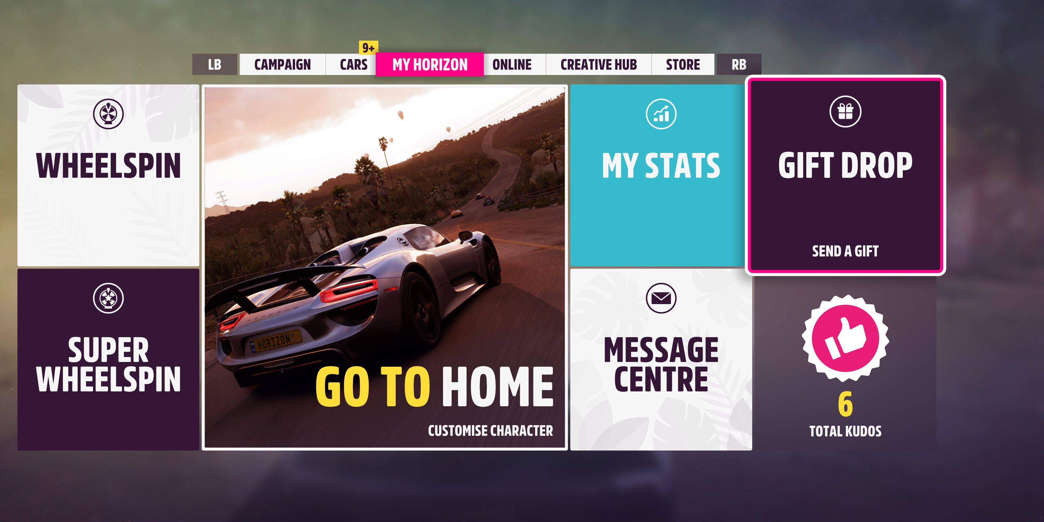 Forza Horizon 5 my horizon menu highlighted on the gift drop tab