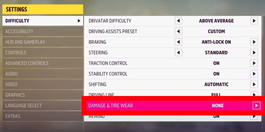 Forza Horizon 5 difficulty menu with "damage and tyre wear" highlighted