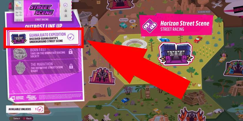 Forza Horizon 5 street scene chapter guanajuato expedition highlighted in red