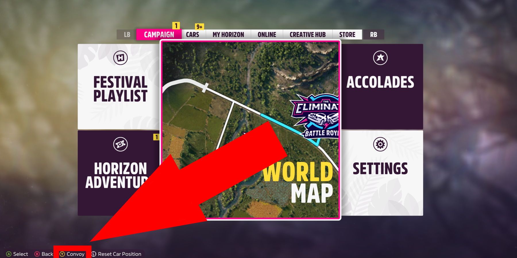 Forza Horizon 5 main menu with arrow pointing at Convoy option