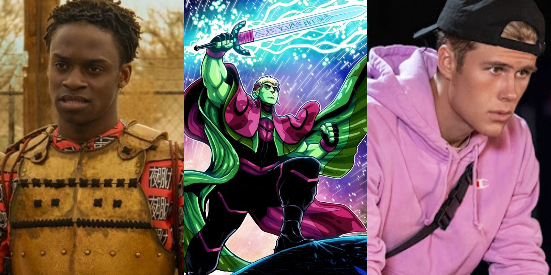 A split image depicts Austin Crute in Daybreak, Teddy Altman AKA Hulkling in Marvel Comics, and Owen Patrick Joyner in Julie And The Phantoms