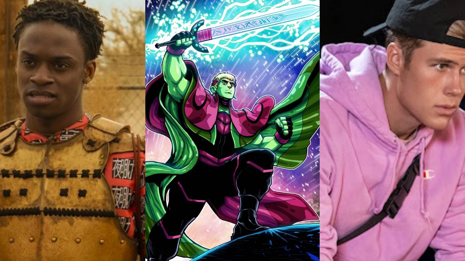 A split image depicts Austin Crute in Daybreak, Teddy Altman AKA Hulkling in Marvel Comics, and Owen Patrick Joyner in Julie And The Phantoms