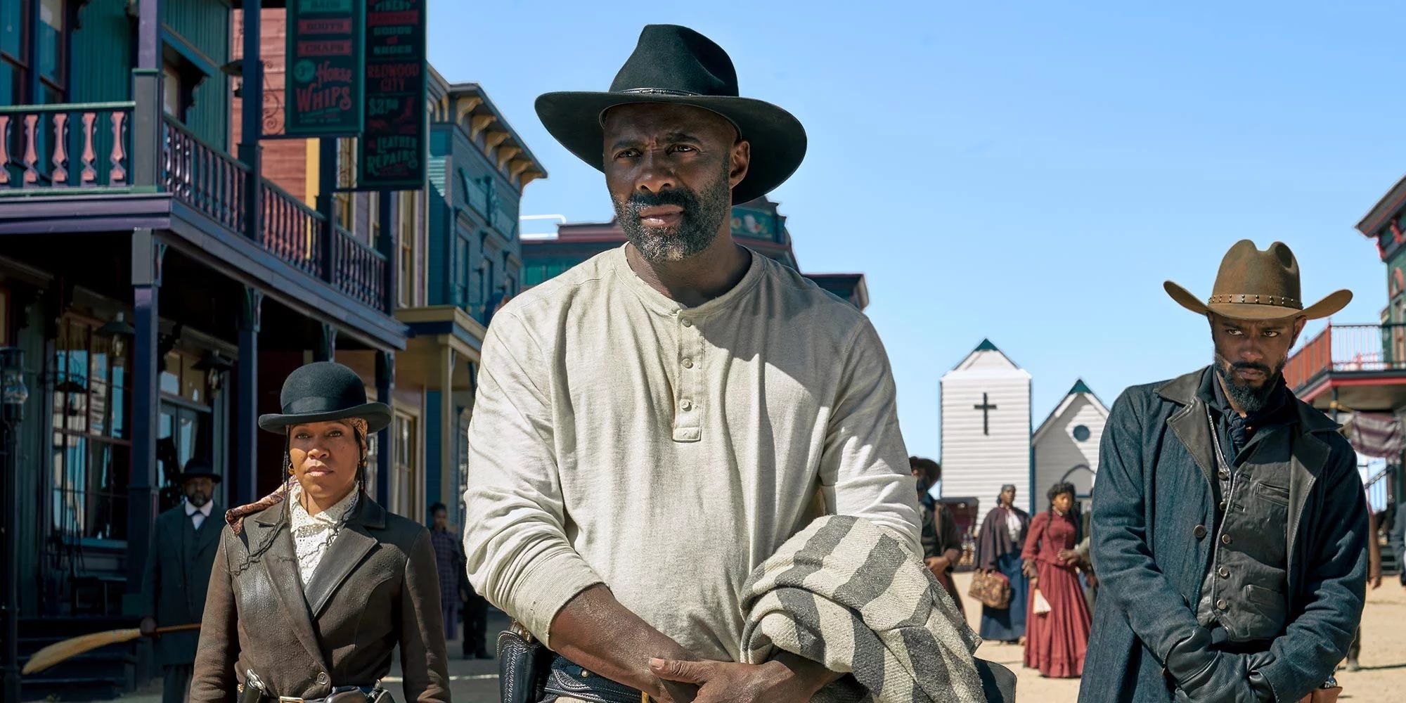 Idris Elba in a western town in The Harder They Fall