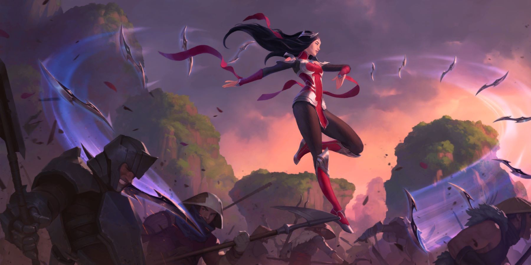 Irelia leaping into battle and attacking Noxian soldiers with her flying blades in her Legends of Runeterra card art