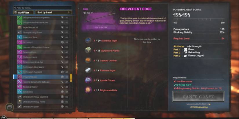 Irreverent Edge epic spear crafting screen New World