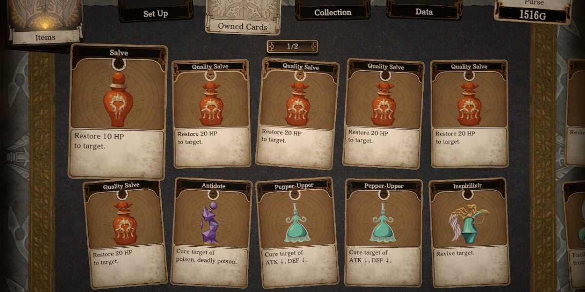 item inventory screen with several, multicolored bottles