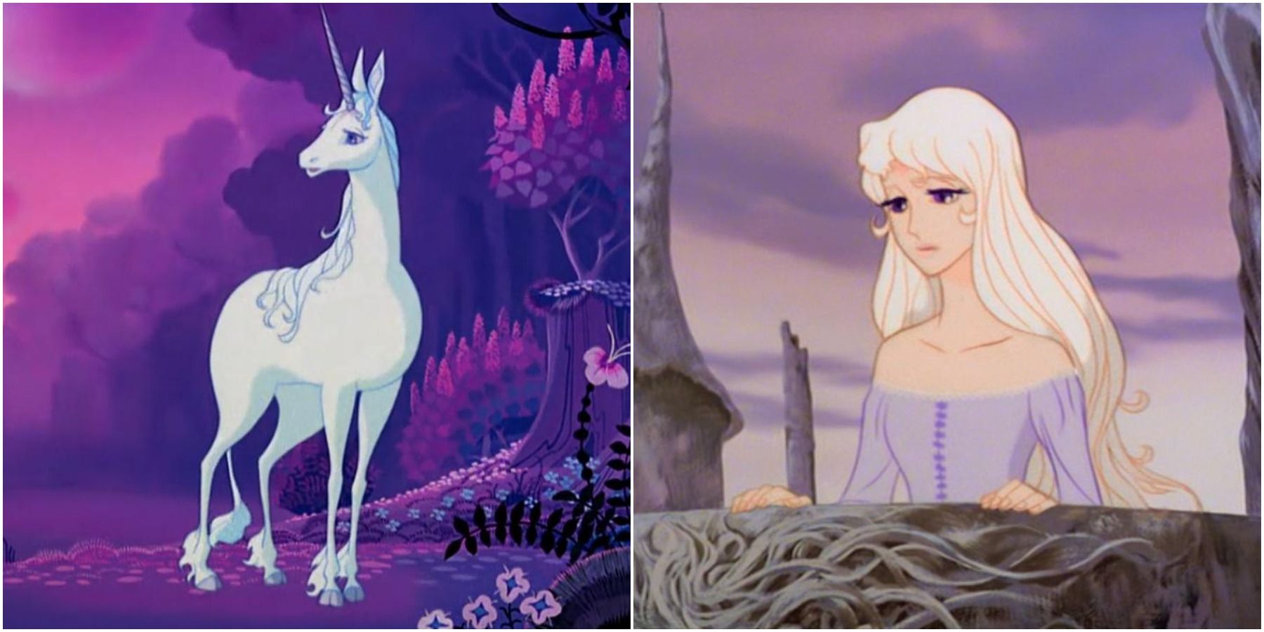 Split image of unicorn and Amalthea. 
