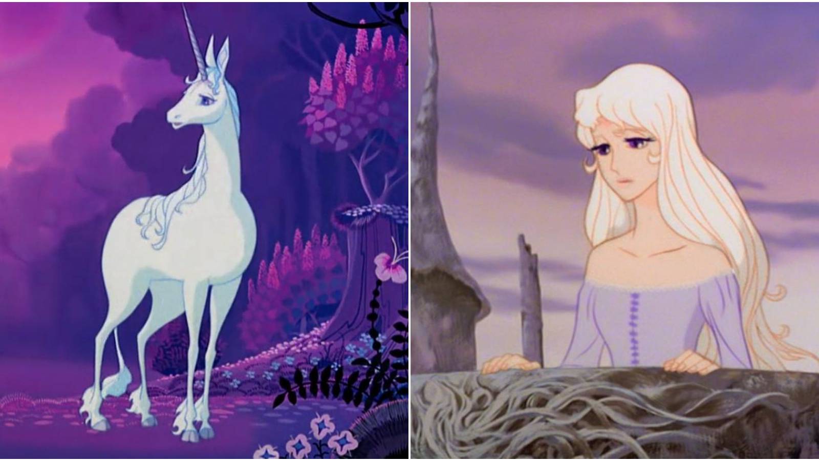 Split image of unicorn and Amalthea. 