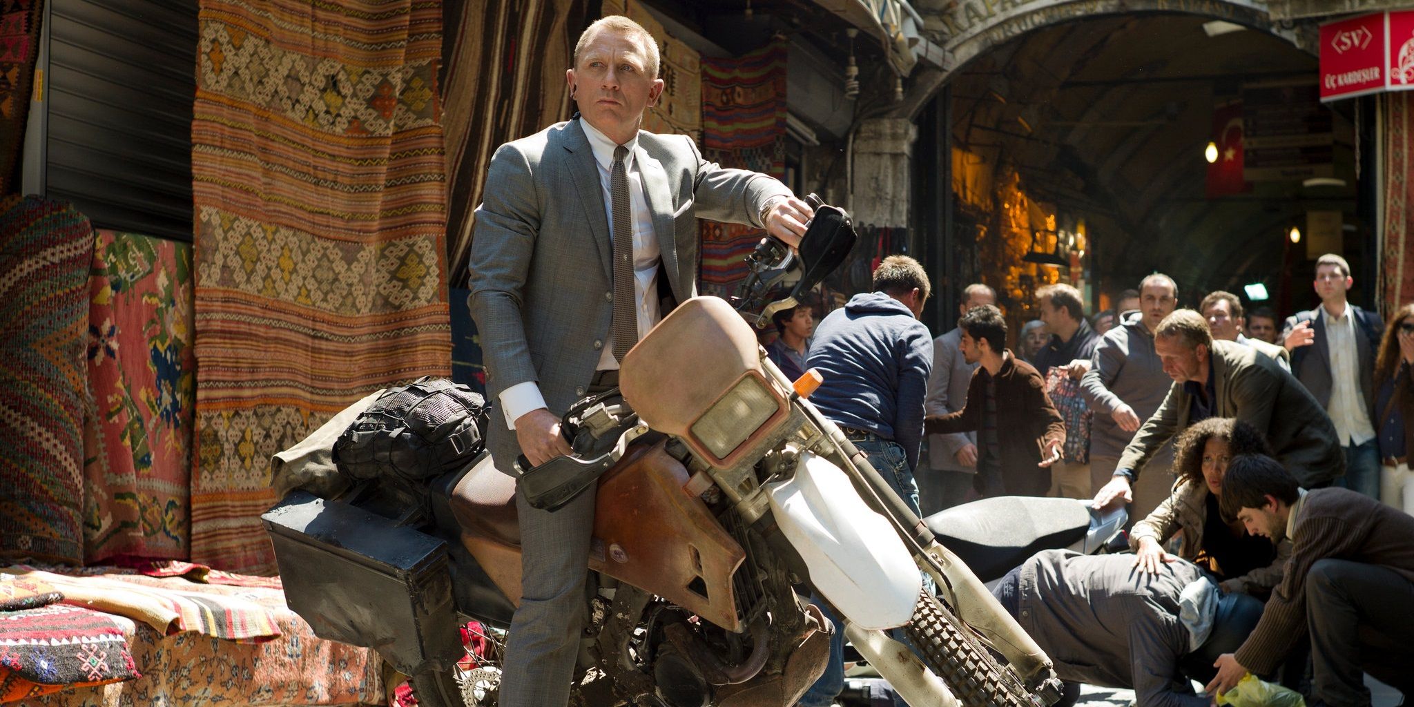 James Bond on a motorcycle in Skyfall