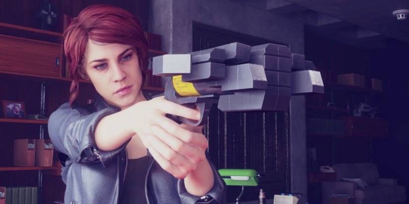 Jesse Faden from Control standing in Zachariah Trench's office and holding the Service Weapon in its Shatter form