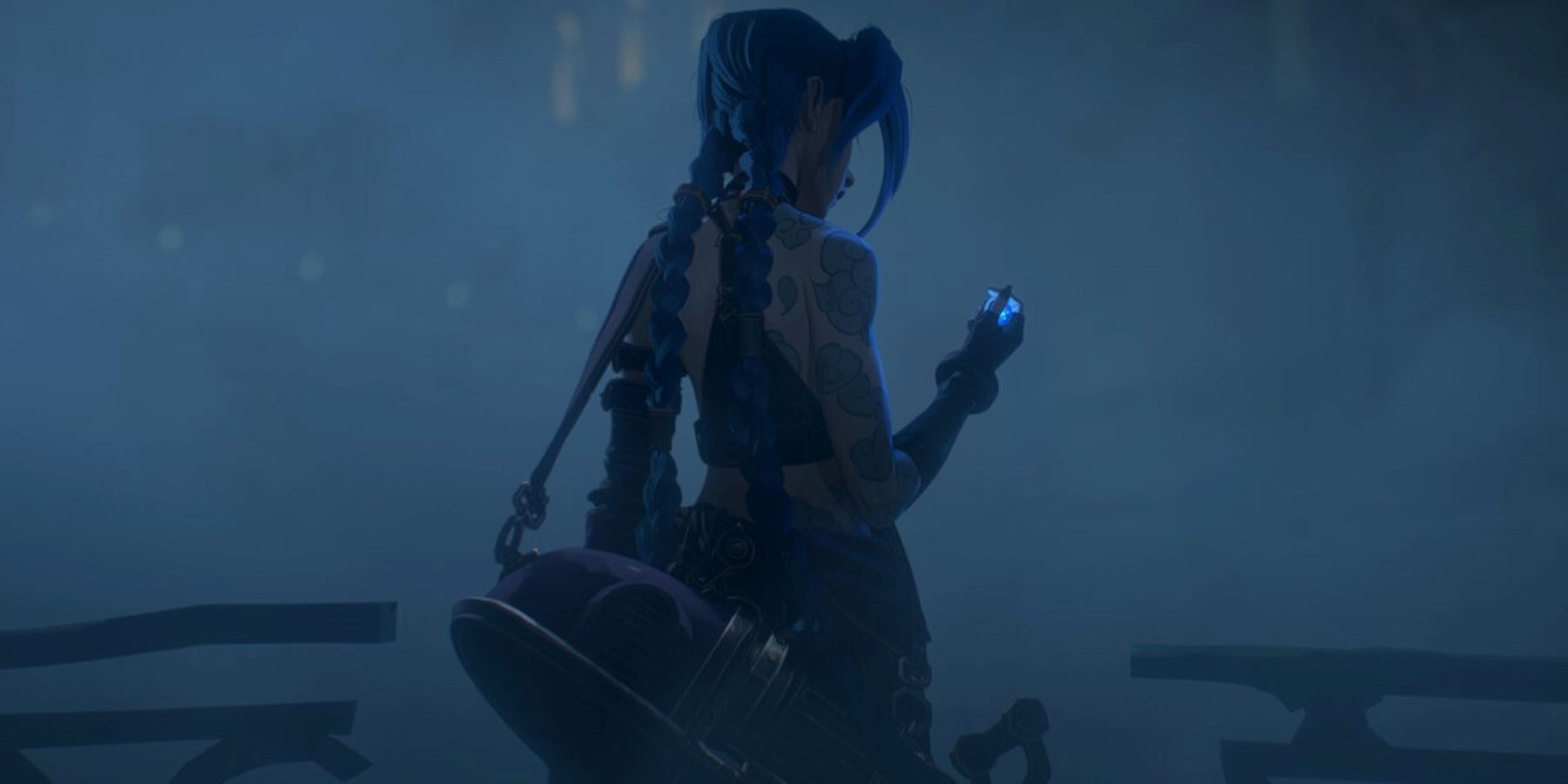 League of Legends champion Jinx pictured from behind, standing on a bridge in fog and looking at a hextech crystal