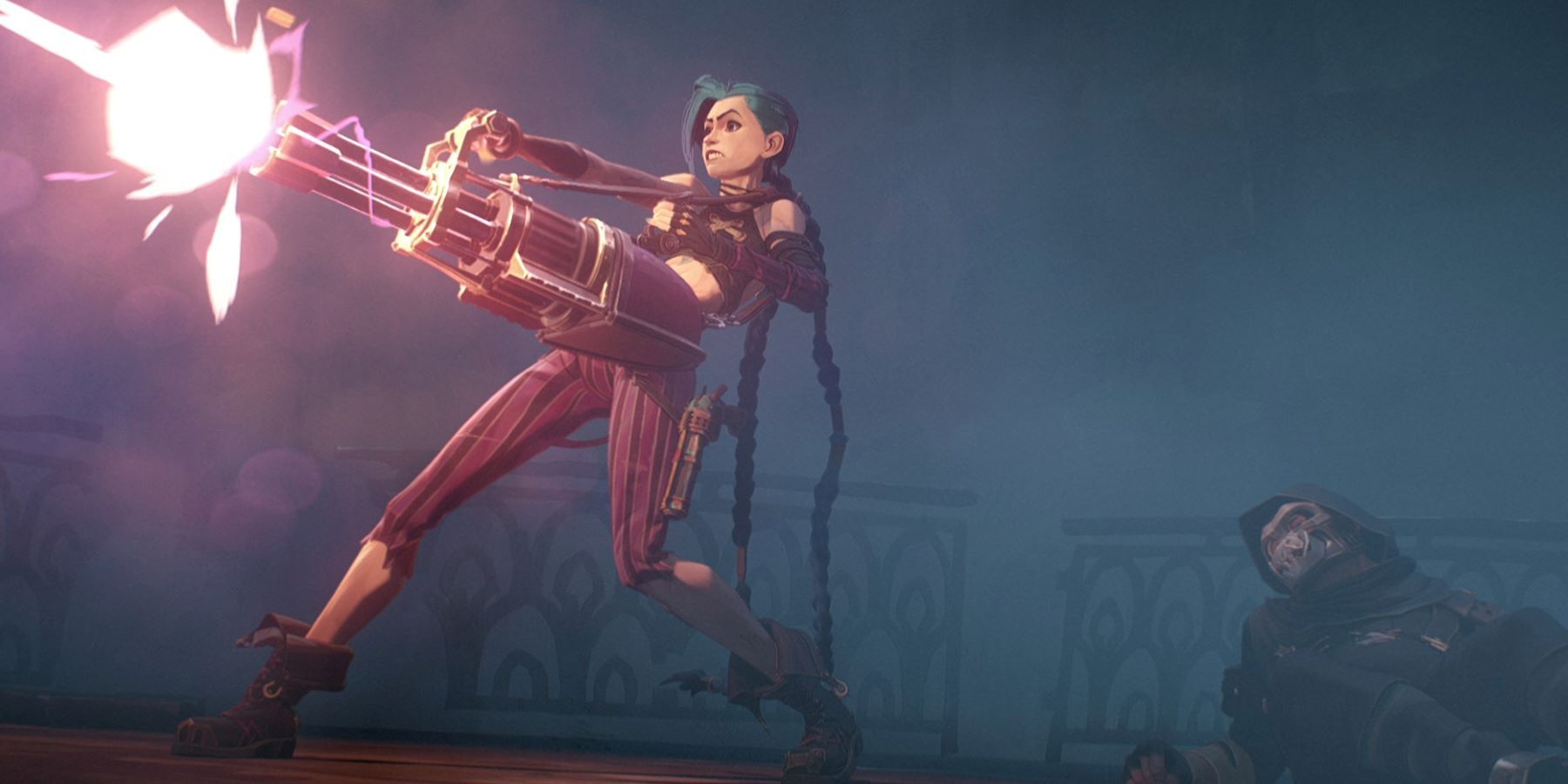 Jinx firing her minigun and grimacing with a Firelight member laying next to her in the League of Legends Netflix show Arcane