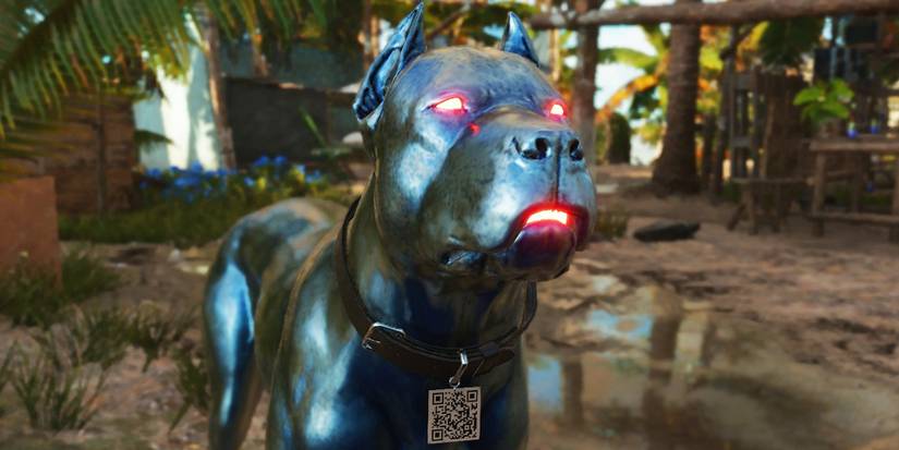 Far Cry 6 amigo K-9000 with glowing red eyes