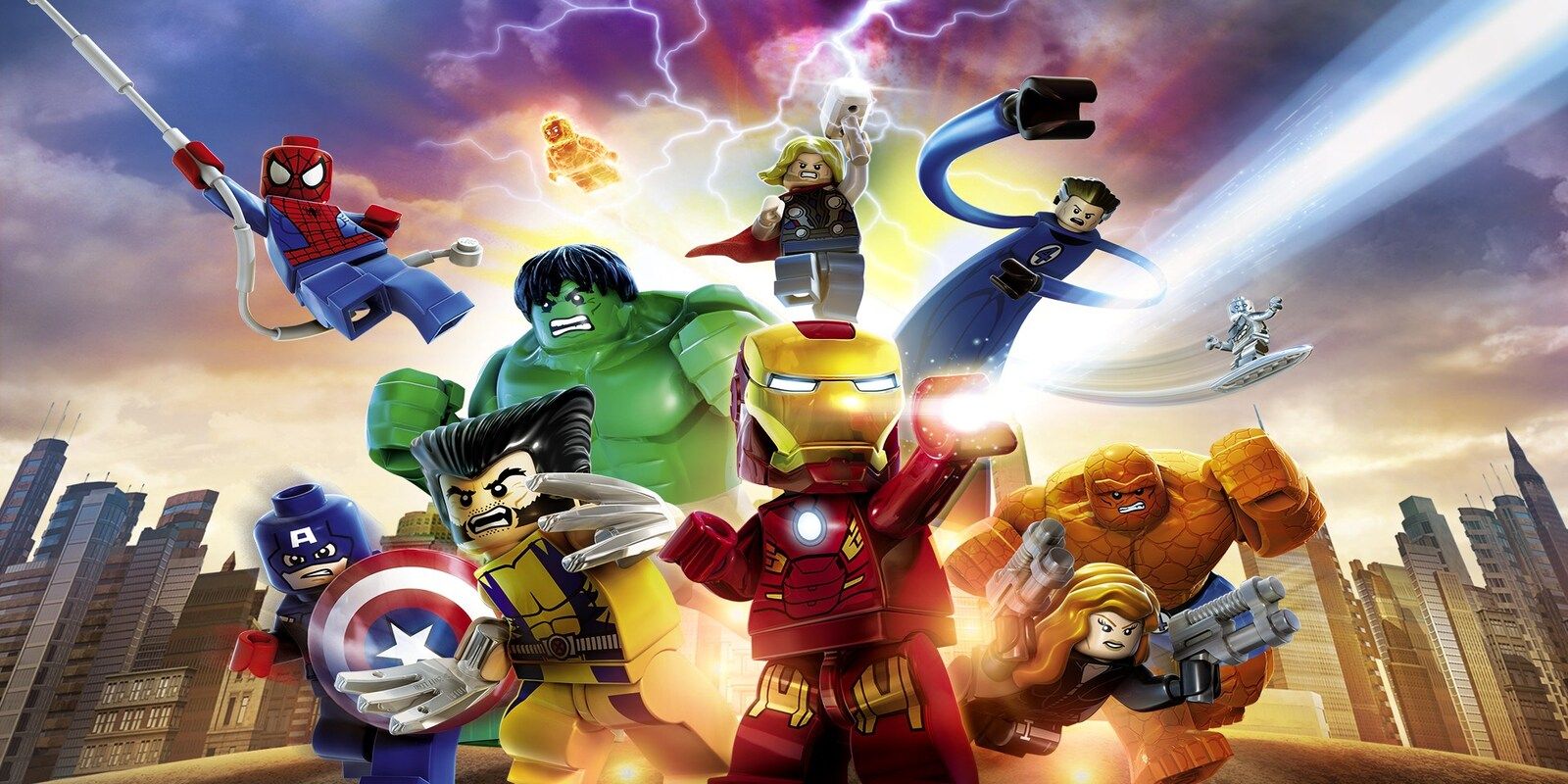 Lego Marvel Super Heroes Iron Man in front with Hulk Thor Spiderman Captain America Hulk and others in back