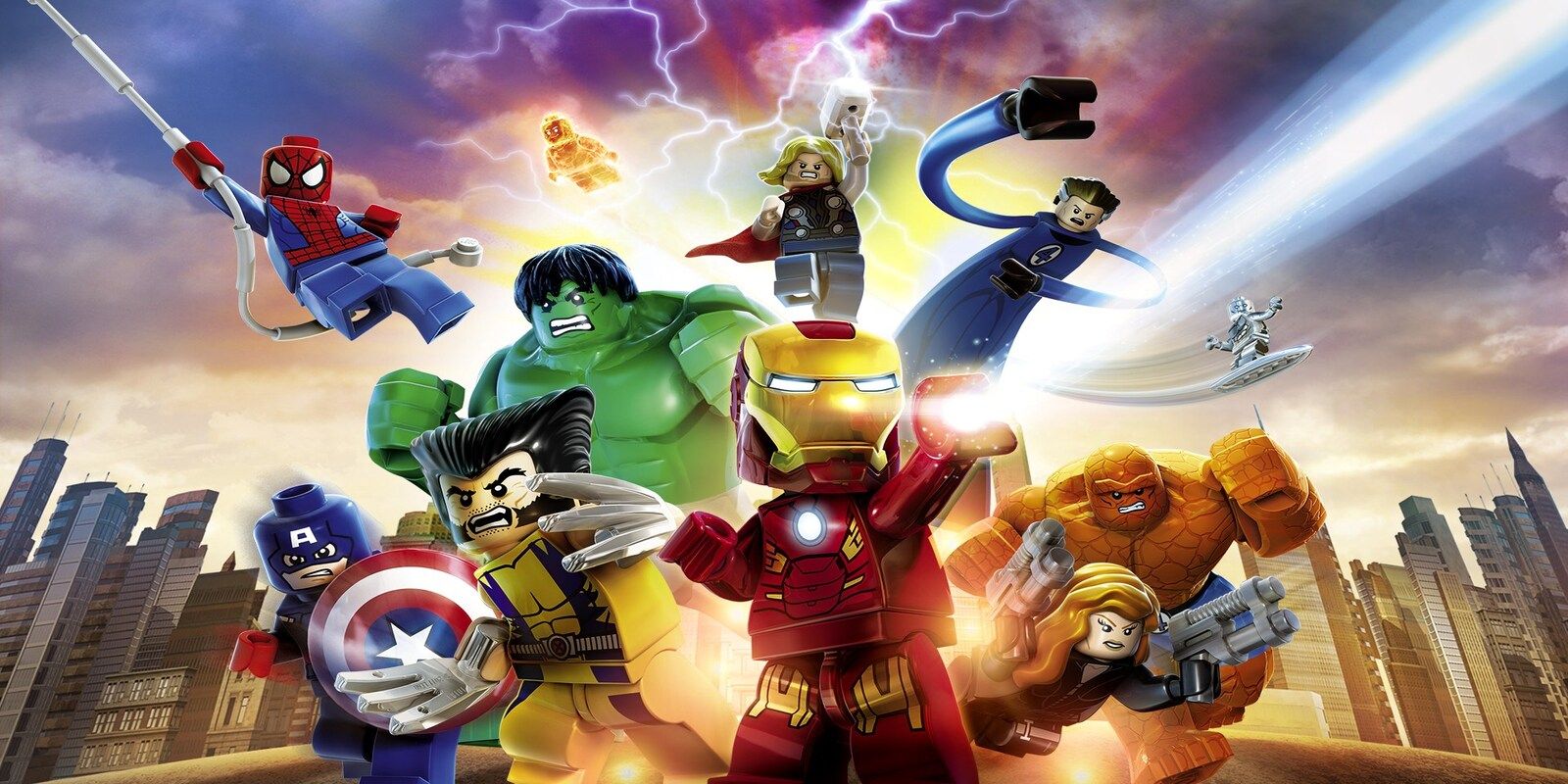 Lego Marvel Super Heroes Iron Man on front with Hulk Thor Spiderman Captain America Hulk and others in the back