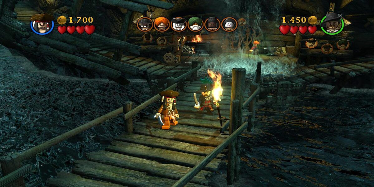 Lego Pirates of the Caribbean The Video Game screenshot Captain Jack Sparrow and Will Turner with swords on wooden bridge