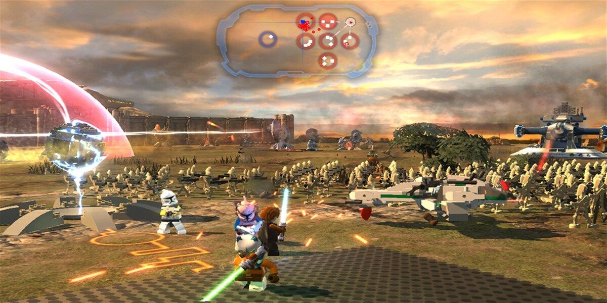 Lego Star Wars III The Clone Wars Battle Gameplay creenshot of two Jedis and army of the stormtroopers