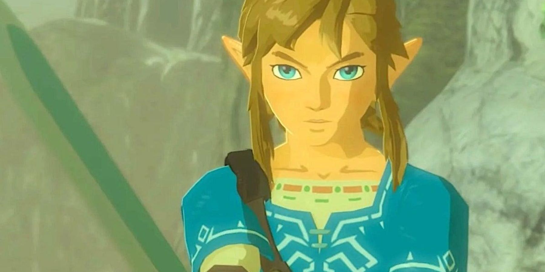 Link wearing the Champion's Tunic and brandishing a sword in The Legend of Zelda: Breath of the Wild