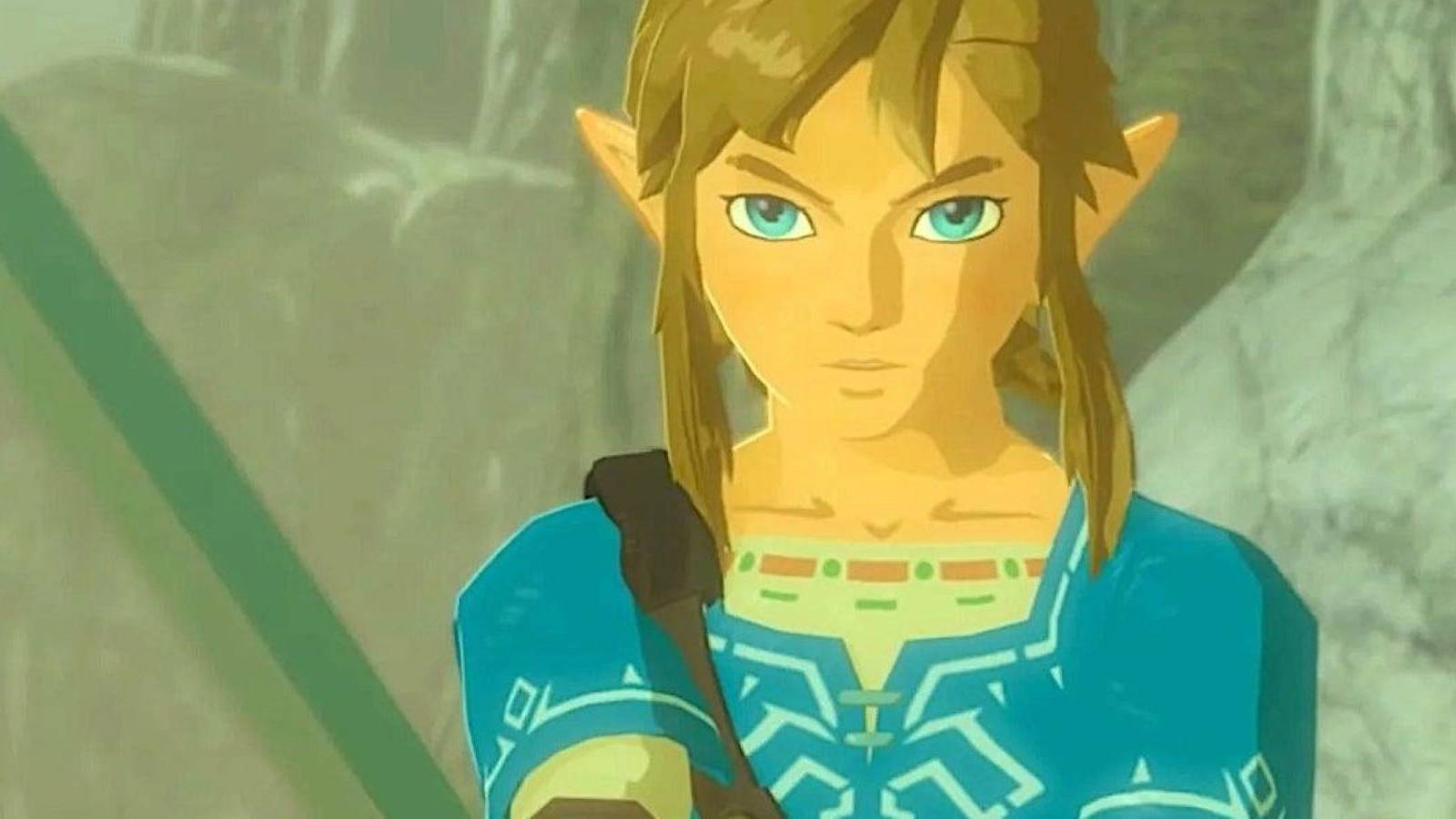 Link wearing the Champion's Tunic and brandishing a sword in The Legend of Zelda: Breath of the Wild