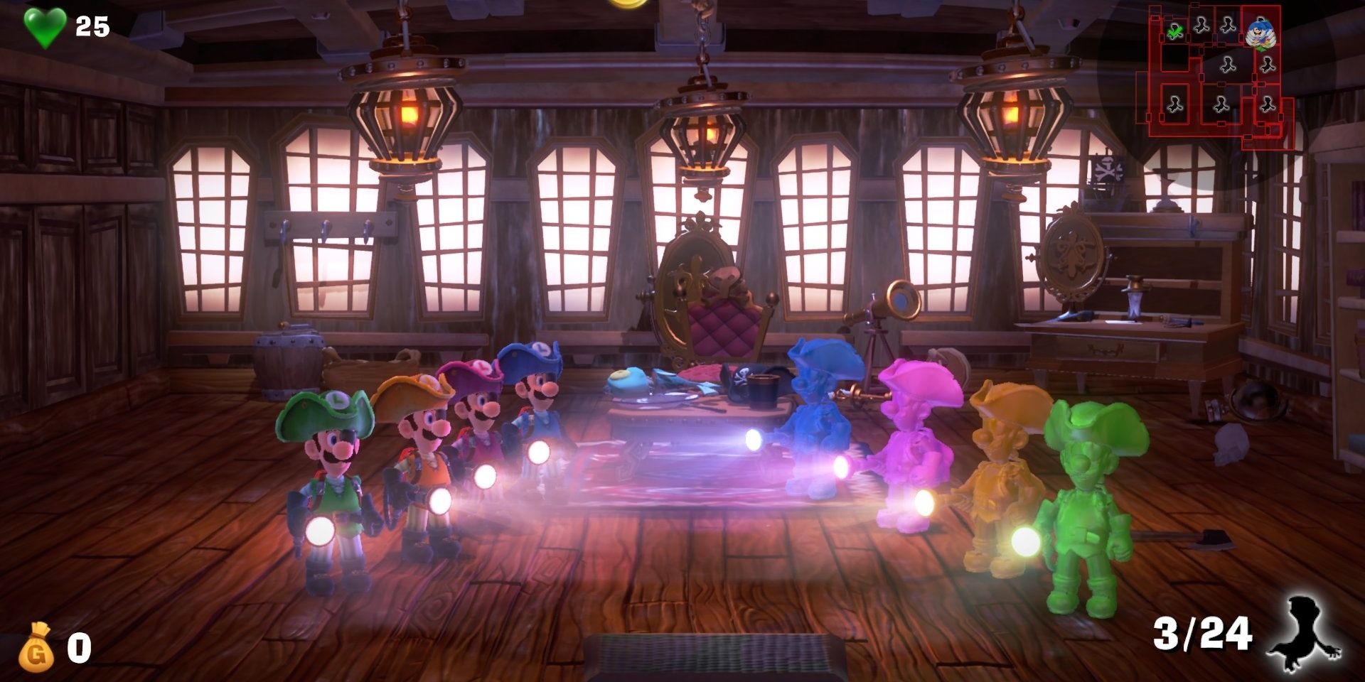 Four players and their Gooigis in Luigi's Mansion 3 ScareScraper mode