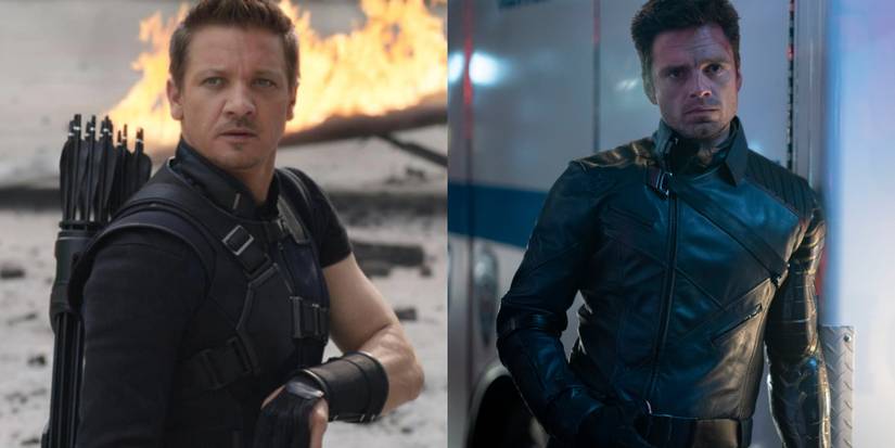 A split image depicts Clint Barton and Bucky Barnes in the MCU